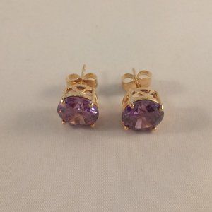 18K Yellow Gold Plated Purple Solitaire Diamond Zircon Stud Earrings 3.87ctw ea.